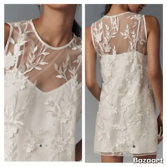 NWT ANTHROPOLOGIE Flat White Sheer Embroidered Mini Dress NWT Size M - Picture 3 of 11